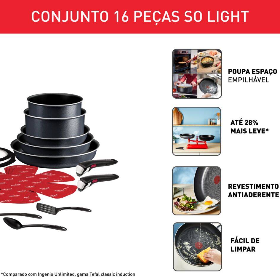 Conjunto Ingenio So'Light, 16 peças, Revestimento Antiaderente, Pega Amovível, Compatível com Indução