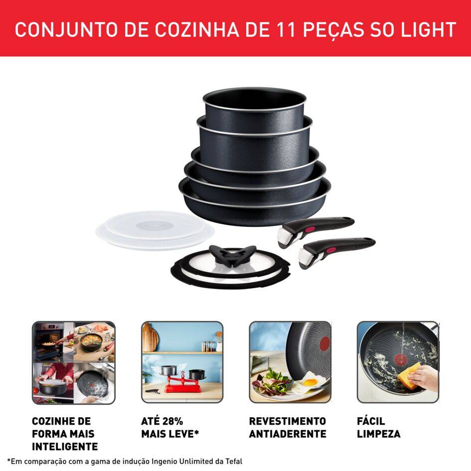Conjunto Ingenio So'Light, 11 peças, Revestimento Antiaderente, Pega Amovível, Compatível com Indução