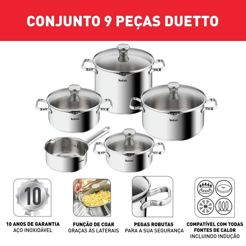 Set Duetto On, 28/20/24 cm, 9 peças, Aço Inoxidável, Compatível com Indução