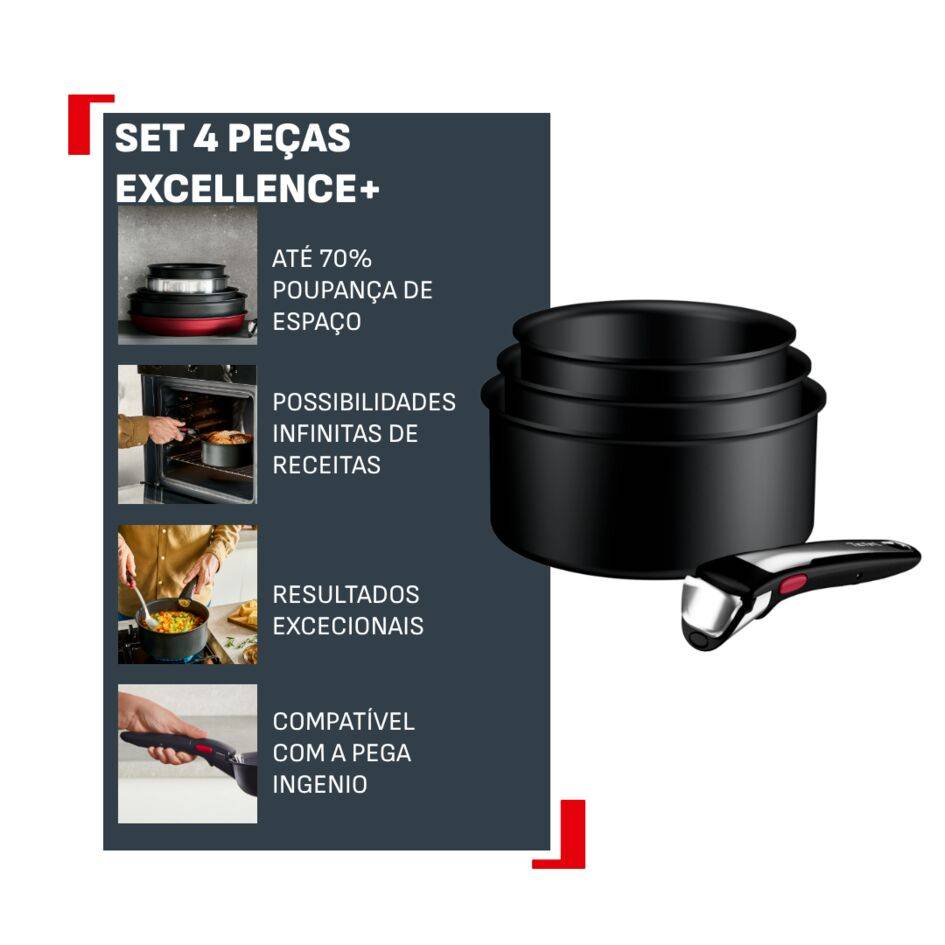 Set Ingenio Excellence+, Caçarolas 16/18/20 cm, Revestimento Antiaderente, Pega amonível, Compatível com Indução